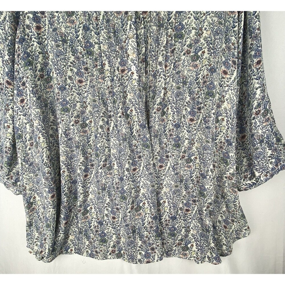 Rose + Olive Top Blouse 3X Blue Pink Ditsy Floral 3/4 Sleeve Flowy Peasant Boho - Picture 3 of 11
